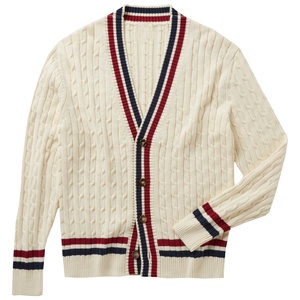 Pull blanc à col en V pour homme, cardigan en tricot crème pour homme avec rayures marine sur les manches, simple boutonnage, pour l'automne - Product Image 5