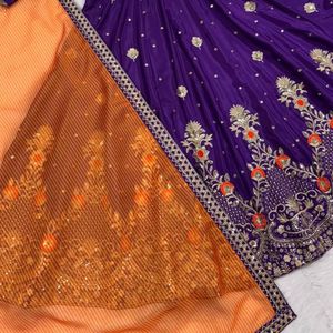 Royal Heavy Silk Zari <b>Sequins</b> Embroidered Gown <b>Pant</b> Set With Organza Dupatta featuring exquisite Zari Embroidery - Product Image 5