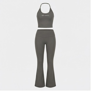 North Approach 2 Piece Yoga Set Solid Gray Halter Crop Top High Waist <b>Flared</b> <b>Leggings</b> Breathable Seamless Sportswear - Product Image 2