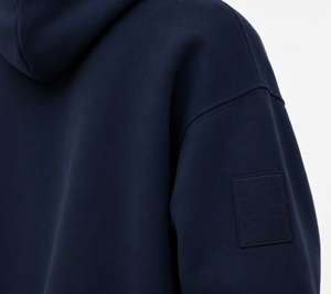<b>Men's</b> Oversized Hooded Sweatshirt Solid <b>Navy</b> Blue French Terry Casual Fit Left Sleeve Logo Pocket Design Autumn Wear - Product Image 3