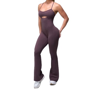 Women High Waist Full Length Yoga <b>Jumpsuit</b> Flared Leg Seamless Crisscross Straps Cut-Out Solid Color Spandex Polyester 1 Piece - Product Image 2