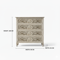 Commode à 4 tiroirs en bois massif sculpté à la main avec motif en spirale, fournisseur indien, pour intérieurs modernes et traditionnels, pour les commandes en gros