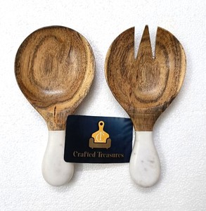 Ensemble de saladiers en bois d'acacia naturel avec manche en marbre, cuillère et fourchette, décoration pour la maison, ustensiles de cuisine au meilleur prix - Product Image 4