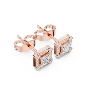 Princess Cut Synthetic <b>Diamond</b> <b>Square</b> Halo Stud <b>Earrings</b> 18K Solid Gold Fine Jewelry Women Round Pave Side Accent - Product Image 6