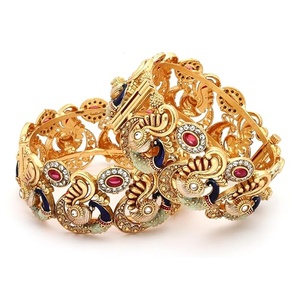 Gold Plated Alloy Peacock Designer Polki Bangles Set Women's Vintage Crystal Rhinestone Bracelets Wedding Jewelry Fashion Bangle - Product Image 1