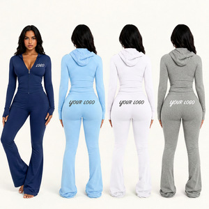 Custom Women's Two Piece Workout Set Zip Up Hoodie Jacket Flare <b>Leggings</b> Pants Fitness Streetwear Tracksuit Wholesale - Product Image 3