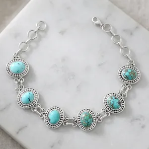 Bracelet à maillons en pierre turquoise en argent sterling 925 antique, style bohème, bijoux unisexes, cadeau - Product Image 3
