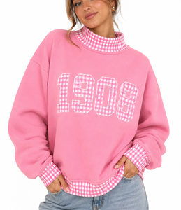 Sweat-shirt rose à col roulé pour femme 1908 avec appliqué à carreaux et motif lettres sur le devant, manches classiques, tenue décontractée d'automne - Product Image 5