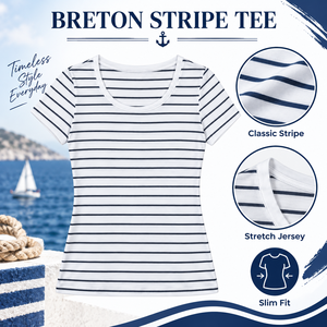 T-shirt rayé pour femme, blanc et bleu marine, col rond, manches courtes, en coton, coupe ajustée, 100 % coton tricoté, respirant - Product Image 6