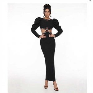 Robe fourreau noire élégante à manches bouffantes, robe longue à découpes, manches longues, couleur unie, robe d'été/printemps pour femmes - Product Image 3