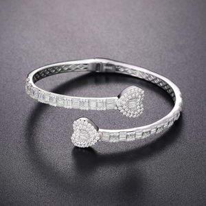 Heart Cut Crystal <b>Cuff</b> <b>Bracelet</b> Rhodium Plated 925 <b>Silver</b> Women's Luxury Wedding Jewelry - Product Image 1