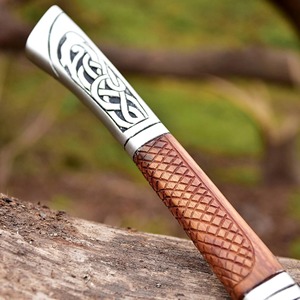 Handmade Carbon Steel Viking Battle <b>Axe</b> Head <b>Wood</b> Handle Leather Sheath Engraved 5 Cutting Edge 3Lb Weight for Camping DIY Gift - Product Image 4