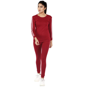 Ensemble de survêtement pour femmes, rouge, manches longues, col rond, couleur unie, respirant, en coton et élasthanne, décontracté, pour l'automne - Product Image 1