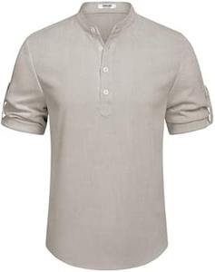 Chemise tendance homme 2023 à col montant, décontractée, en polyester/coton tricoté, manches courtes, couleur unie, coupe ample, été - Product Image 3