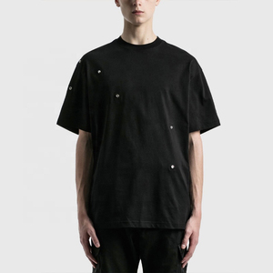 T-shirt pour homme à manches courtes, col rond, noir, minimaliste, tricoté, 100% coton, coupe classique, anti-rides, 320g - Product Image 1