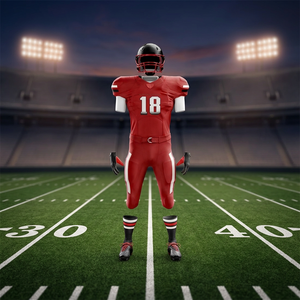 Maqueta de uniforme de fútbol americano rojo y blanco con el número 18 parece ser un renderizado promocional 3D estándar utilizado. - Product Image 6