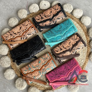2026 Wholesale New Arrival Floral Carving <b>Tooled</b> <b>Leather</b> Wallet Purse Genuine Cow <b>Leather</b> Card Holder Wristlet Clutch for Women - Product Image 1