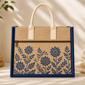Sac fourre-tout en jute laminé personnalisé avec fermeture à bouton, écologique, réutilisable, imprimé floral, poignée en coton, pour exposition et mariage - Product Image 1