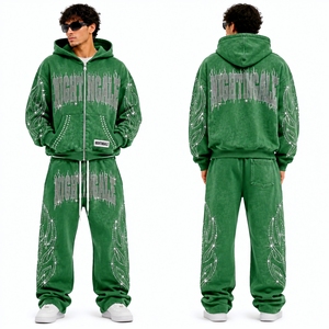 Conjunto de Sudadera con Capucha y Pantalones de Chándal de Algodón Personalizado por el Fabricante, con Efecto Desgastado por el Sol, Lavado Ácido y Pedrería, Chándal de Cristal - Product Image 6