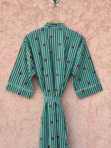 Green Striped Kimono <b>Robe</b> for Women Red Heart Hand Block Print Wrap Cotton Bathrobe Cozy Loungewear Spring/Summer <b>Beach</b> Cover - Product Image 3