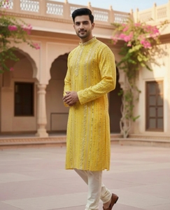 Yellow Traditional Unisex 100% Cotton Woven Mandarin Collar Full Sleeve Shirt Faux <b>Fur</b> Embroidered Button Front Knee Length - Product Image 6