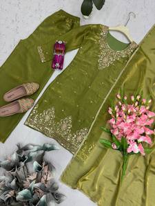 Two Tone Embroidered Palazzo Suit Set <b>Sequin</b> Decorative Kurta and Palazzo Dupatta Women Party Dress - Product Image 6