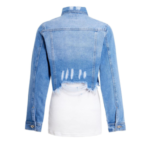 Veste en jean courte en coton pour femme, design européen, décontractée, unie, délavée à l'acide, avec contraste dentelle, respirante, séchage rapide, printemps automne, effet troué - Product Image 4