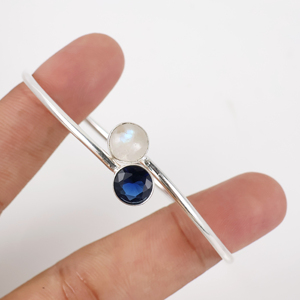 925 Sterling Silver Plated Natural Moonstone & Blue Sapphire Two-<b>Stone</b> Cuff <b>Bracelet</b> Handmade Designer Gemstone Bangle Jewelry - Product Image 2