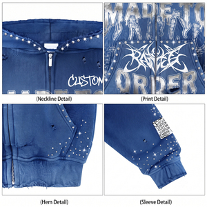 Sudadera con capucha para hombre con pedrería, 450 g/m², 100% algodón, azul con lavado ácido, efecto desgastado, corte holgado, estilo streetwear, de peso pesado - Product Image 4