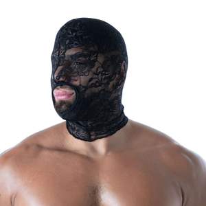 หน้ากากหนังสีดำแบบเปิดปาก ดีไซน์เซ็กซี่สำหรับผู้ชาย  วัสดุกันน้ำ เป็นมิตรกับสิ่งแวดล้อม  ตกแต่งด้วยลูกไม้  เหมาะสำหรับใส่ไปคลับ - Product Image 3