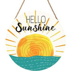 Targa di benvenuto in legno 'Hello Sunshine' per porta d'ingresso, decorazione estiva in stile rustico con motivo tramonto e mare, fatta a mano - Product Image 1