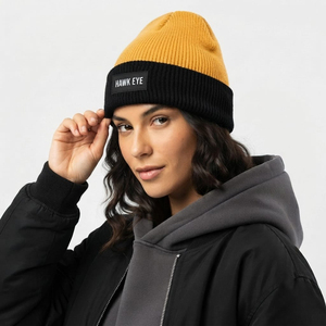 Bonnet tricoté bicolore personnalisé avec étiquette tissée, unisexe, à revers côtelé, pour l'hiver – Vente en gros - Product Image 4