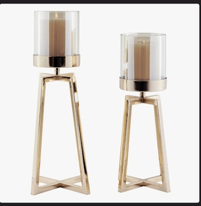 Modern Gold Metal Pillar Candle <b>Holder</b> Set with Tapered <b>Stands</b> and Clear <b>Glass</b> Cylinders for Chic Tabletop Decor Centerpiece - Product Image 2