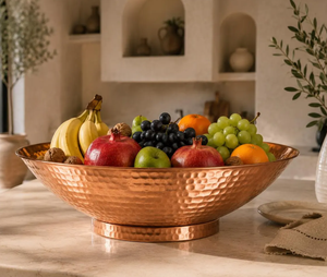 Handcrafted Large Hammered Copper Pedestal Bowl Round Centerpiece Decor For Kitchen <b>Island</b> Dining <b>Table</b> Countertop Storage Tray - Product Image 1