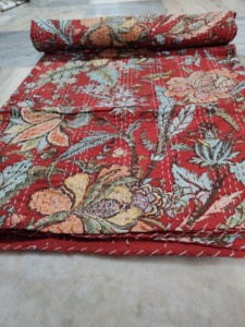 Handmade Kantha Quilt Red Floral Cotton Blanket Reversible <b>Bedspread</b> Home Decor Gift for Her - Product Image 3