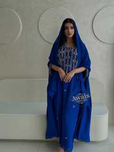Awais House Blue Embroidered Abaya Long Sleeve Floor Length Modest Dress Women Daily Wear India Pakistan Style Polyester - Product Image 2