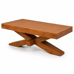 Table basse moderne en teck massif avec plateau rectangulaire épais et base en X, imperméable, écologique et durable - Product Image 3