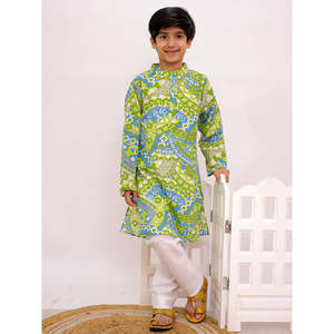 Kurta en coton tissé à manches longues pour garçons, imprimé vert lime et blanc sur toute la surface, avec pyjama - Product Image 1