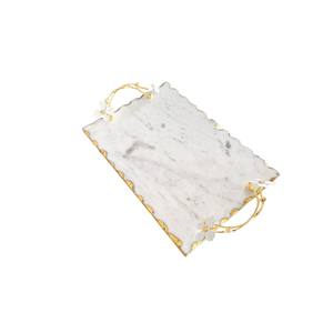 Plateau de service rectangulaire en marbre blanc de luxe, écologique, décoratif pour mariage, avec poignées dorées en forme de fleur, moderne et élégant, pour la maison et la cuisine - Product Image 1
