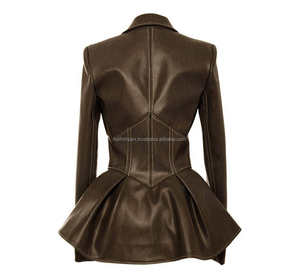 Café Peplum Style cuir femmes vestes fermeture à glissière revers col à manches longues taille haute tunique manteau élégant Slim Fit - Product Image 2