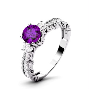 Anillos de Boda de Plata de Ley 925 con Amatista Púrpura Natural en Forma Redonda, Chapados en Oro Blanco y Rosa, Joyería, Compra en Línea, Ofertas al por Mayor - Product Image 3