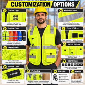 Gilet de sécurité haute visibilité pour les travailleurs du bâtiment, en maille polyester, bandes réfléchissantes argentées, fermeture éclair, poches en maille, faible MOQ - Product Image 6