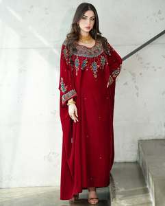 Elegant Red Embroidered Polyester Plus Size Floor Length Abaya Women Long Sleeve Solid Wedding Party Wear India Pakistan Style - Product Image 3
