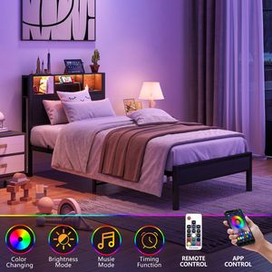 <b>Twin</b> Size Metal <b>Bed</b> <b>Frame</b> with Storage Headboard Charging Station & Bookcase No Box Spring Needed - Product Image 6