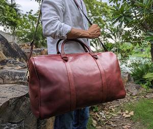 Unisex Burgundy Leather Duffle Bag Light <b>Weight</b> High Quality Foldable Large Weekender Travel Carry Luggage Overnight Gym Tote - Product Image 1