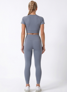 Short Sleeve <b>Crop</b> <b>Top</b> Yoga 2 Piece Set Fitness Wear Activewear Women Yoga Workout <b>Crop</b> Tee Two Piece Set Short Sleeve Yoga Set - Product Image 3