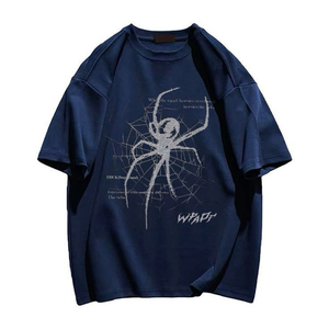 T-shirt en coton bleu marine surdimensionné pour homme avec imprimé toile d'araignée sur le devant, col rond, manches courtes, style streetwear, coupe jersey - Product Image 1