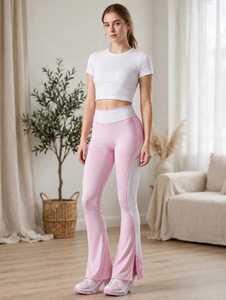 Leggings de yoga évasés taille haute pour femme, color block rose et blanc, avec coutures contrastées et bande latérale - Product Image 6