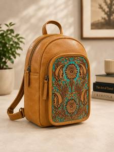 Bohemian Genuine Leather Waterproof Luxury <b>Backpack</b> with Turquoise Embossed Floral Panel 13 Inch Unisex Daypack - Product Image 3
