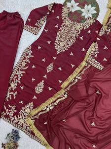 Embroidered Silk Salwar Kameez Set 3 Piece <b>Kurta</b> Palazzo Dupatta <b>Women</b> Wedding Party Outfit - Product Image 6